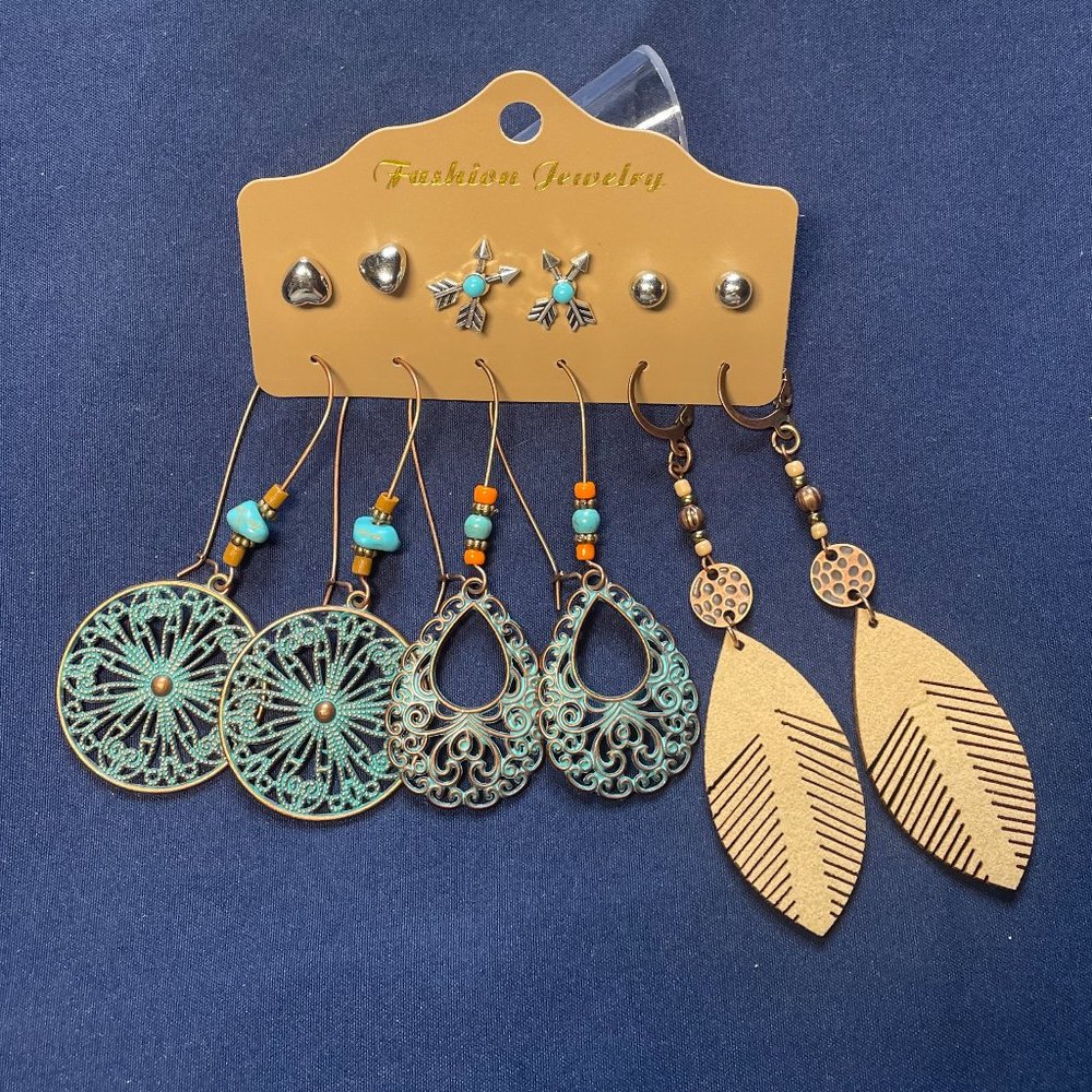 Bronze and turquoise Boho Drop Dangle Earrings Stud Earrings Set of 6